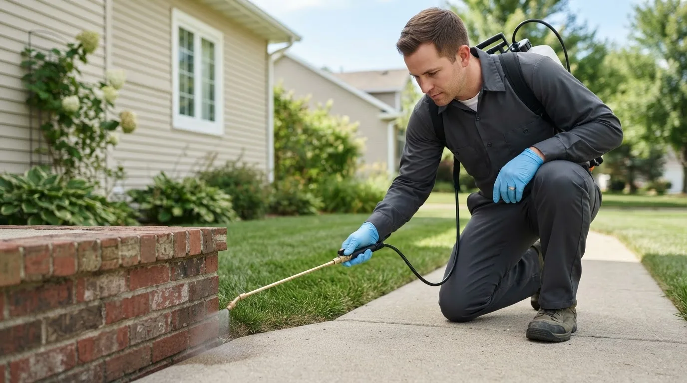Pest control technician treating a home near New Market, IA